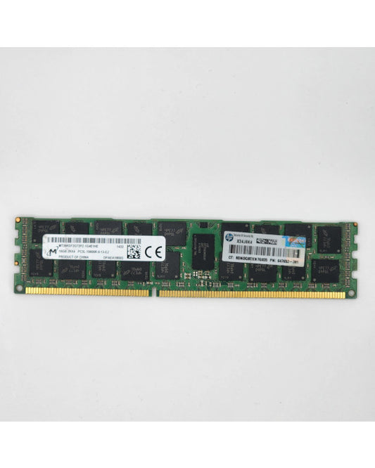 Vista frontal del módulo de memoria DDR3 Micron de 16 GB (dual-rank x4, 10600 MT/s) para servidores HP.