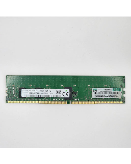 Vista frontal del módulo de memoria DDR4 SK Hynix de 8 GB (single-rank x8, 2666 MT/s) para servidores HP.