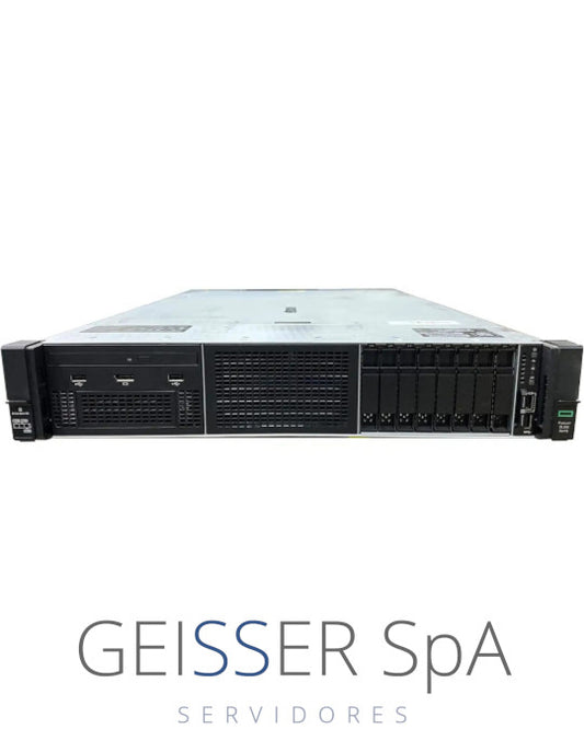 Imagen frontal del servidor HP DL380 G10 (2U) con 8 bahías SFF, mostrando su diseño compacto y panel frontal.