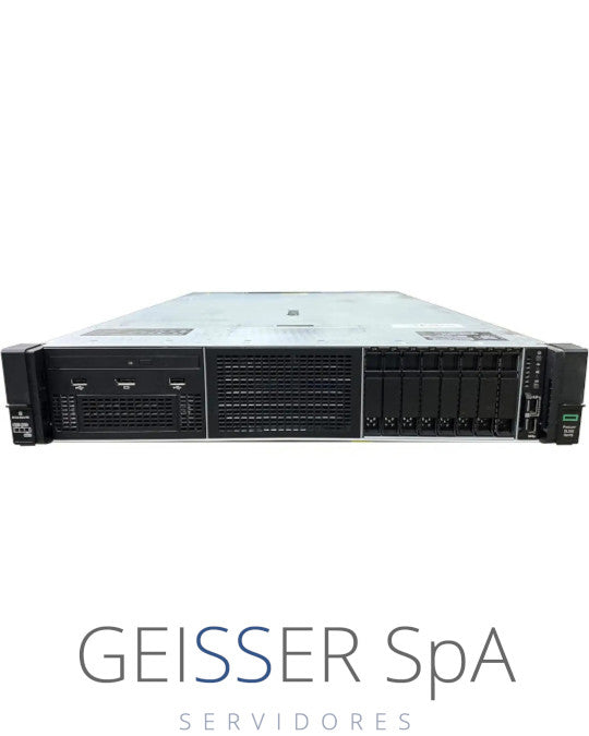 Imagen frontal del servidor HP DL380 G10 (2U) con 8 bahías SFF, mostrando su diseño compacto y panel frontal.