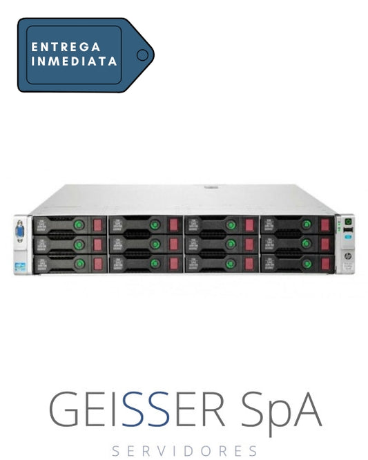 Imagen frontal del servidor HP DL380P G8 (2U) con 12 bahías LFF, mostrando su diseño robusto y panel de control.