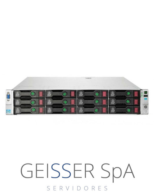 Imagen frontal del servidor HP DL380P G8 (2U) con 12 bahías LFF, mostrando su diseño robusto y panel de control.